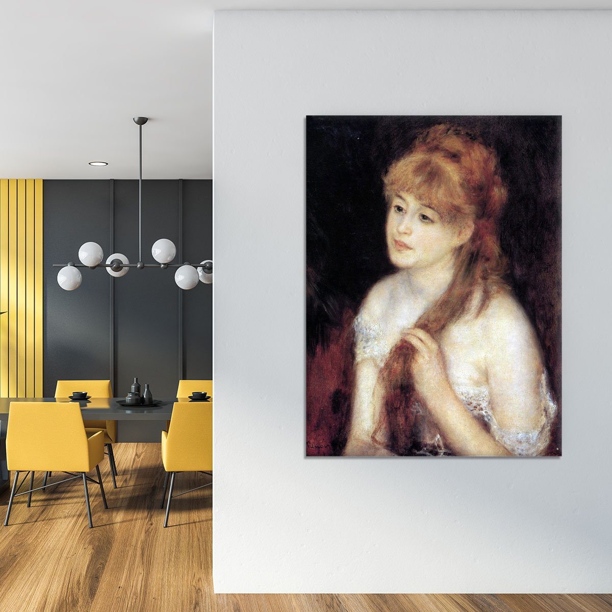 Young woman strokes her hair by Renoir Canvas Print or Poster