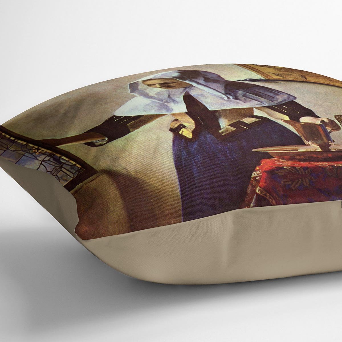 Young woman with a water jug at the window by Vermeer Cushion