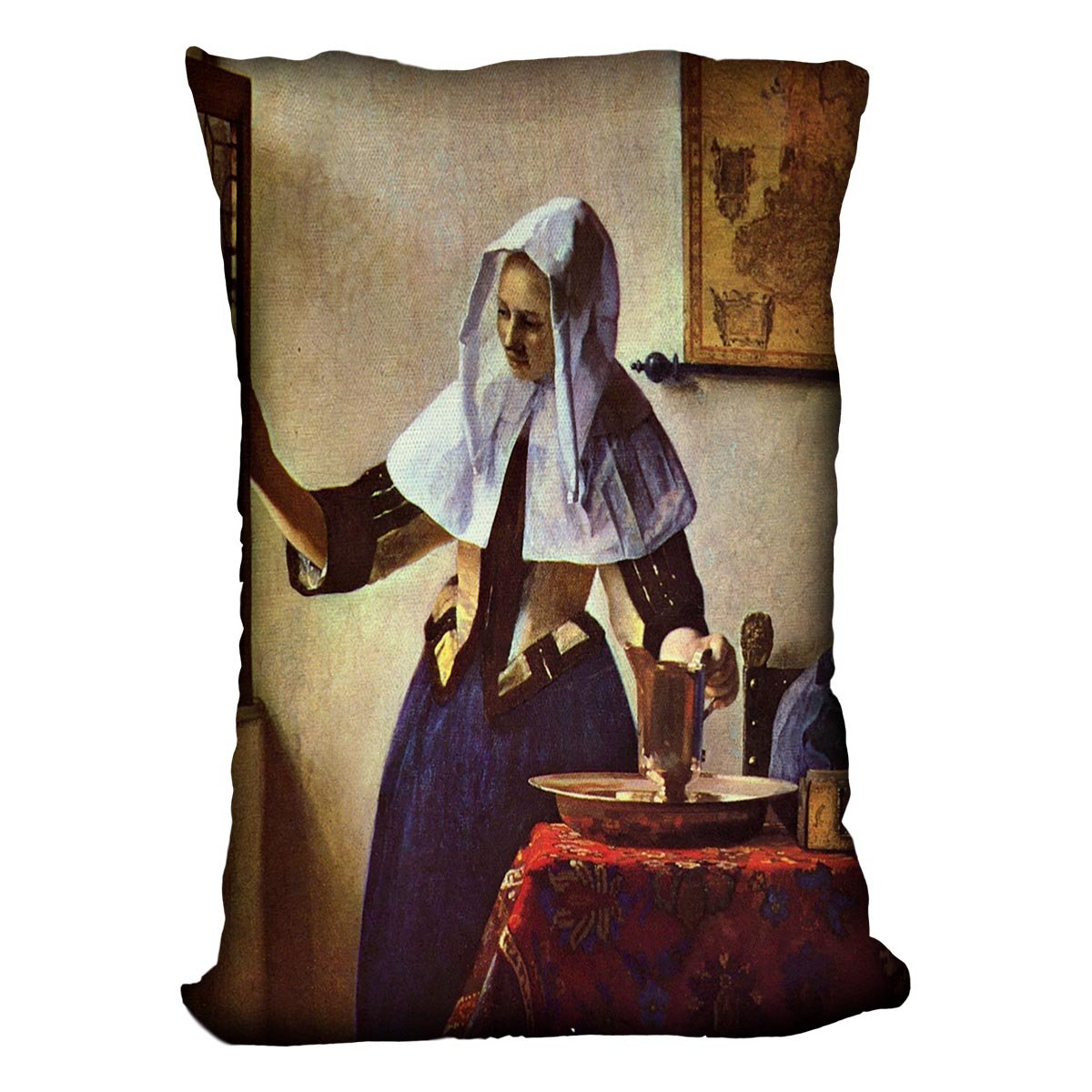 Young woman with a water jug at the window by Vermeer Cushion