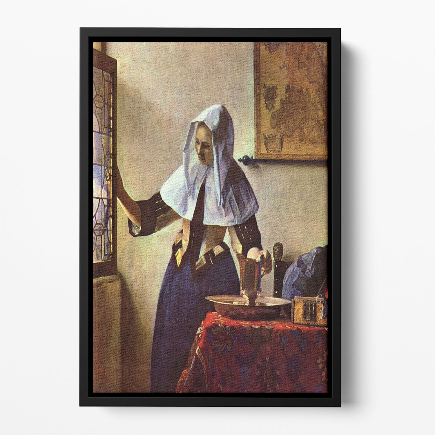 Young woman with a water jug at the window by Vermeer Floating Framed Canvas