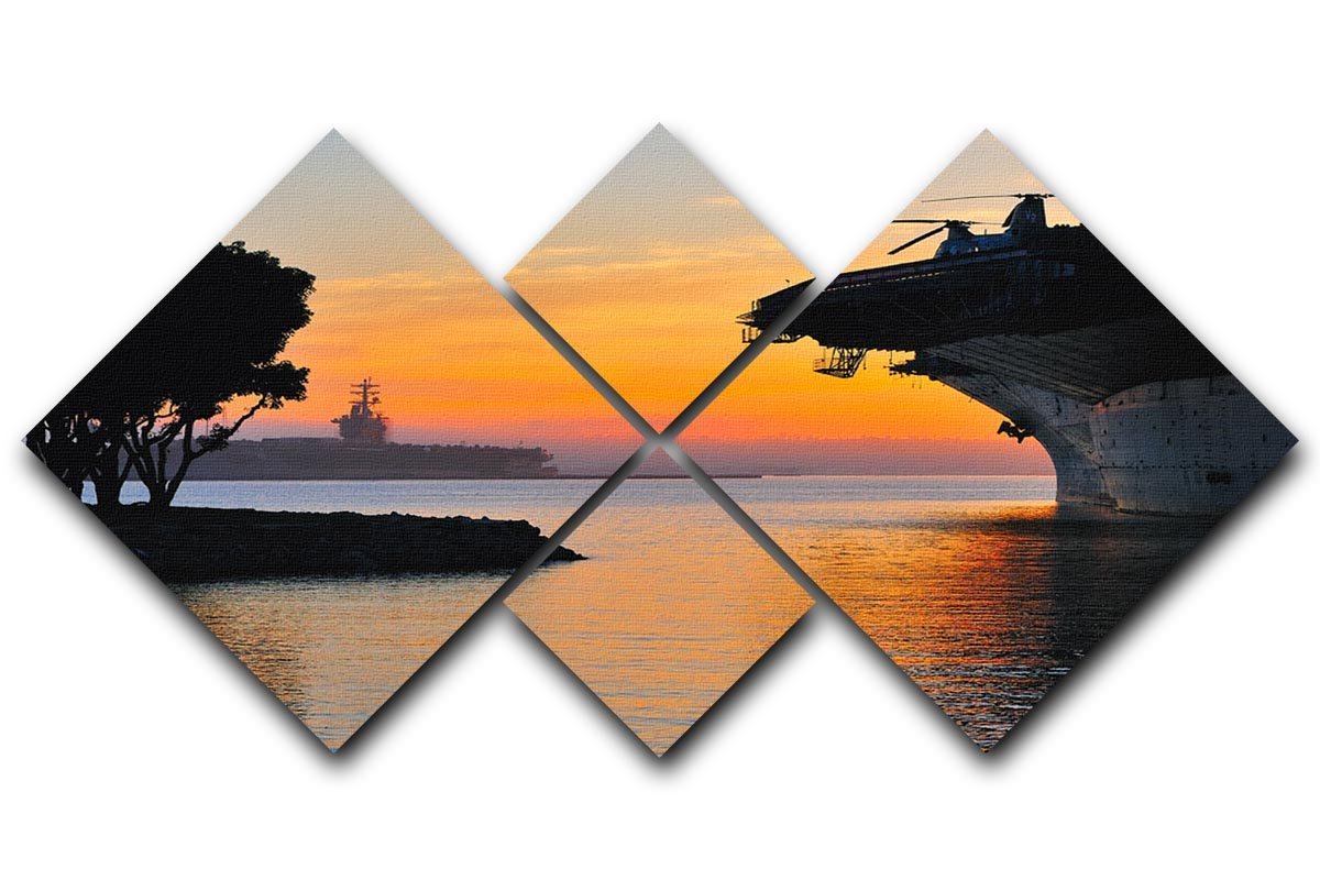 aircraft carrier in harbour in sunset 4 Square Multi Panel Canvas  - Canvas Art Rocks - 1