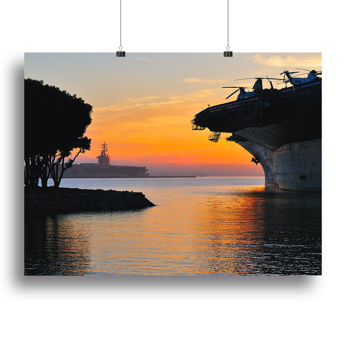 aircraft carrier in harbour in sunset Canvas Print or Poster