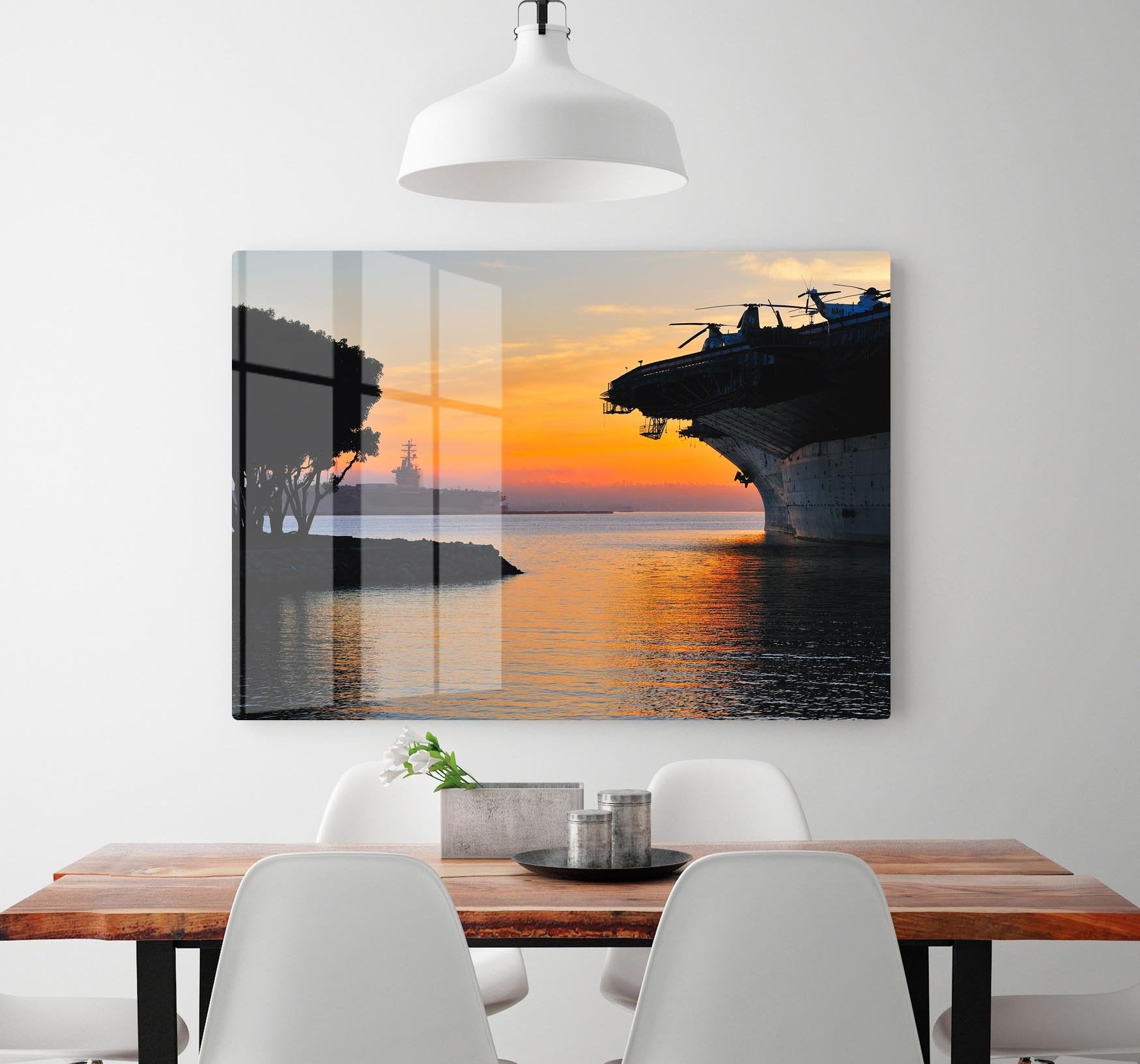aircraft carrier in harbour in sunset HD Metal Print