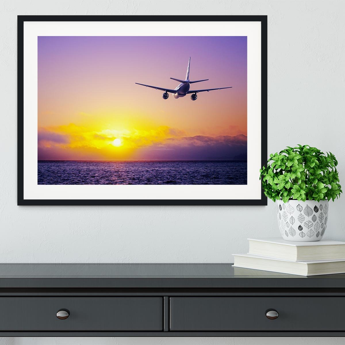 airplane in the sky over ocean Framed Print - Canvas Art Rocks - 1