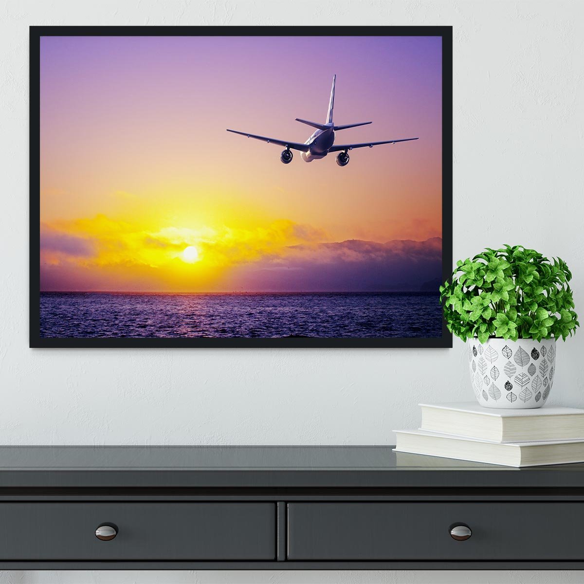 airplane in the sky over ocean Framed Print - Canvas Art Rocks - 2