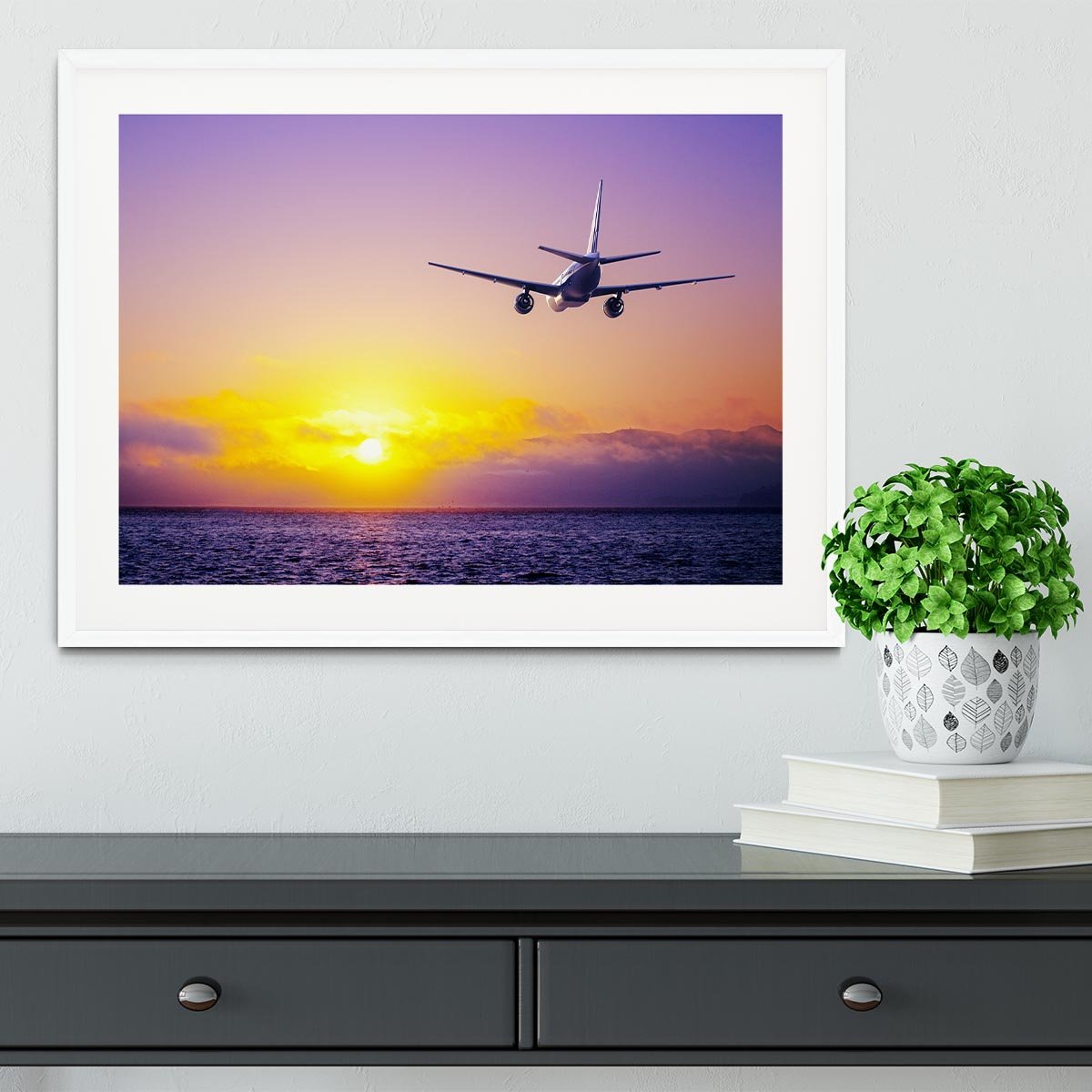 airplane in the sky over ocean Framed Print - Canvas Art Rocks - 5