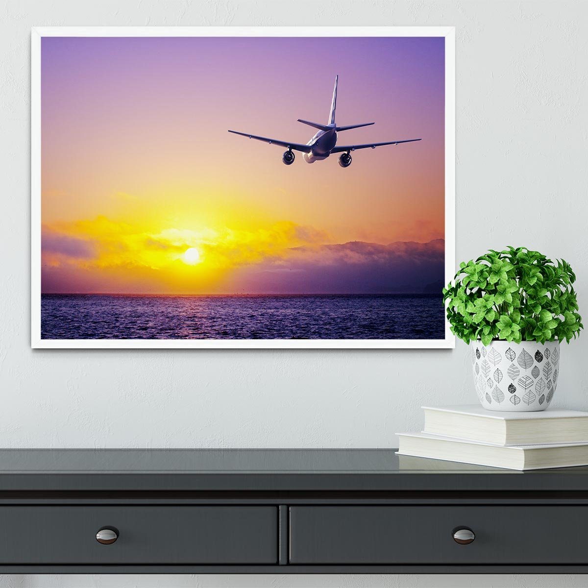 airplane in the sky over ocean Framed Print - Canvas Art Rocks -6
