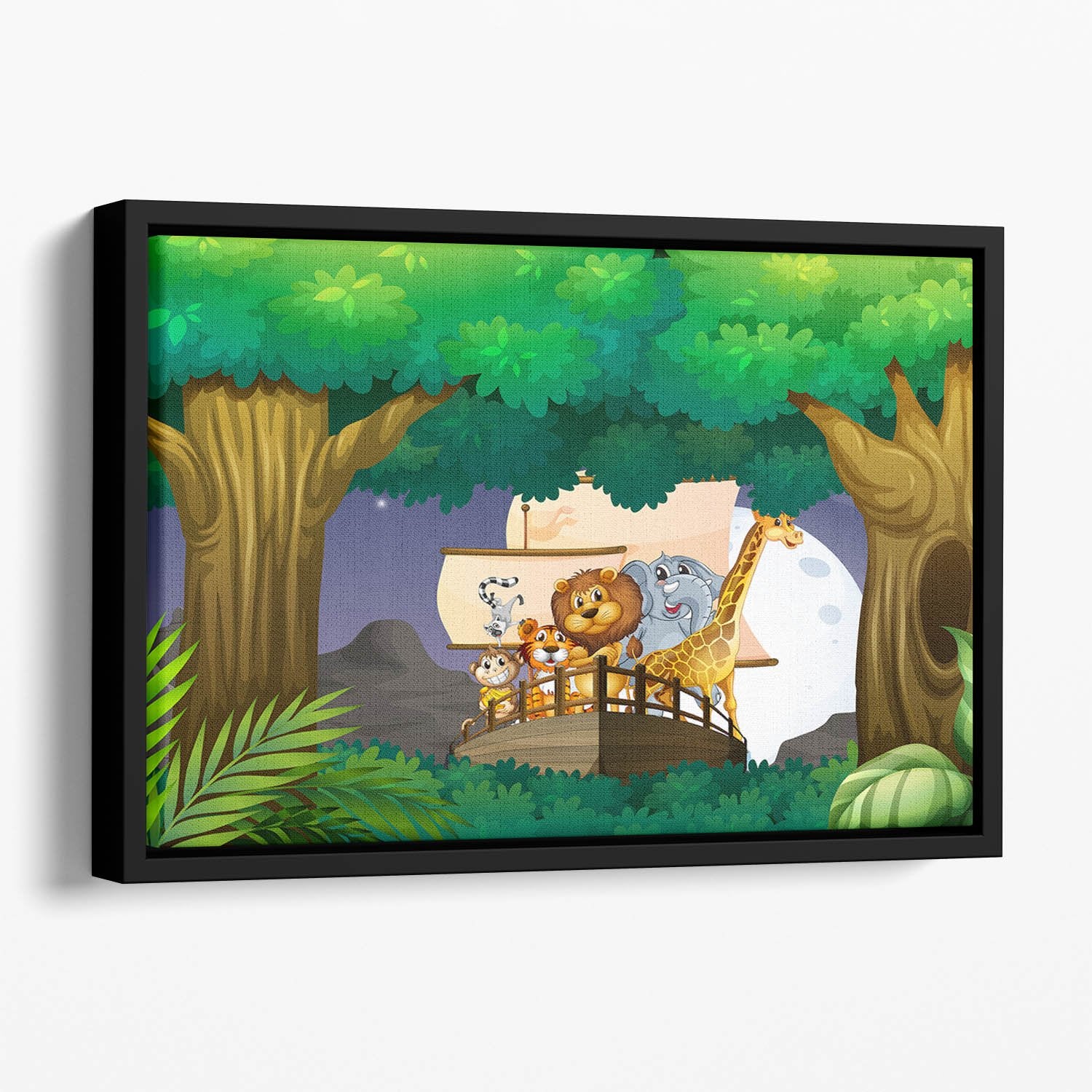 animals on boat in the jungle Floating Framed Canvas
