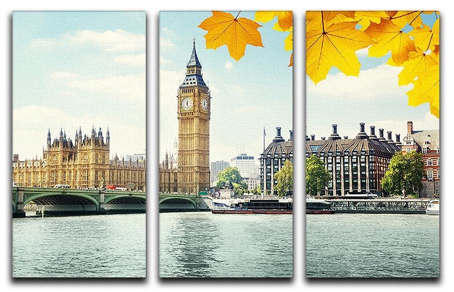 autumn leaves and Big Ben London 3 Split Panel Canvas Print - Canvas Art Rocks - 1