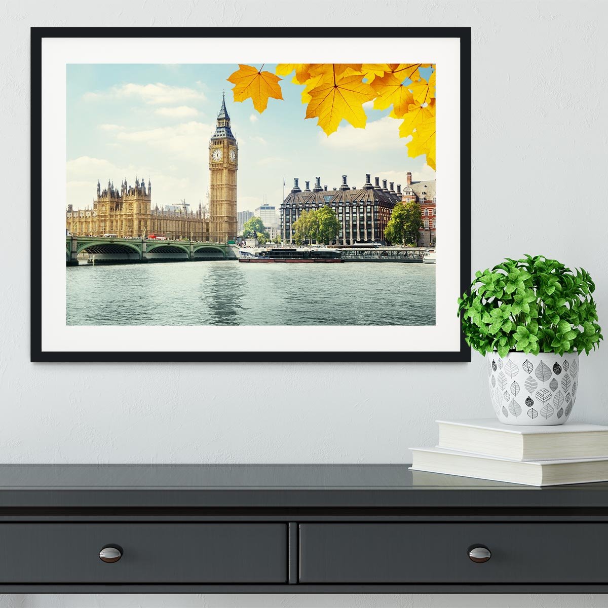 autumn leaves and Big Ben London Framed Print - Canvas Art Rocks - 1