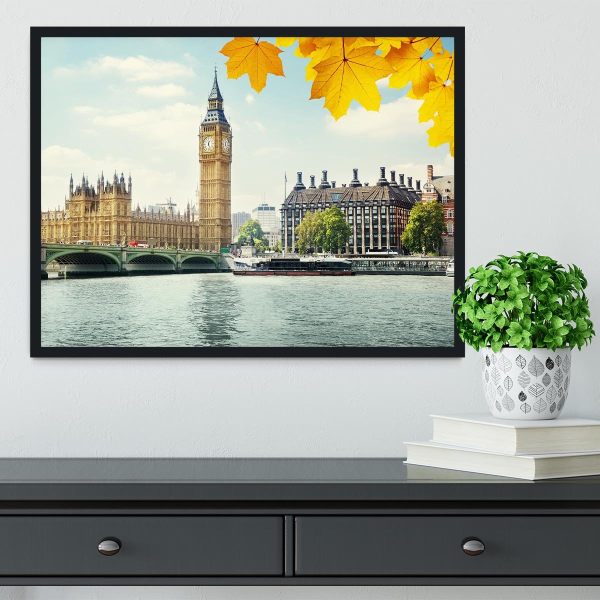 autumn leaves and Big Ben London Framed Print - Canvas Art Rocks - 2