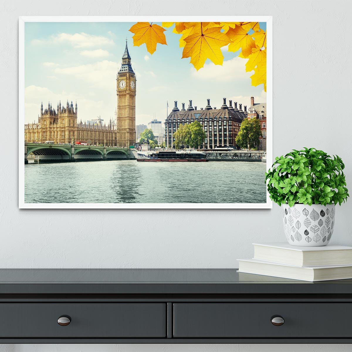 autumn leaves and Big Ben London Framed Print - Canvas Art Rocks -6