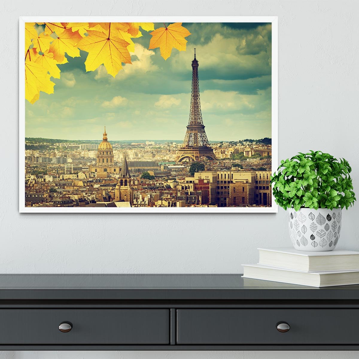 autumn leaves in Paris and Eiffel tower Framed Print - Canvas Art Rocks -6