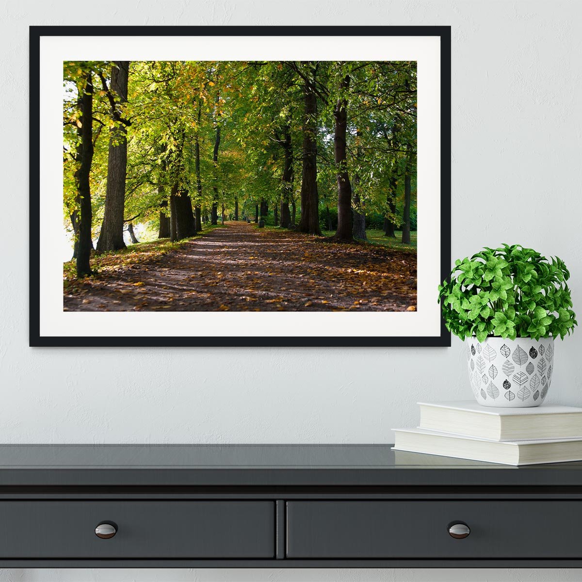 autumn road with leaves in park Framed Print - Canvas Art Rocks - 1