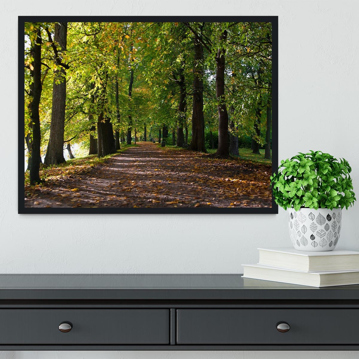 autumn road with leaves in park Framed Print - Canvas Art Rocks - 2