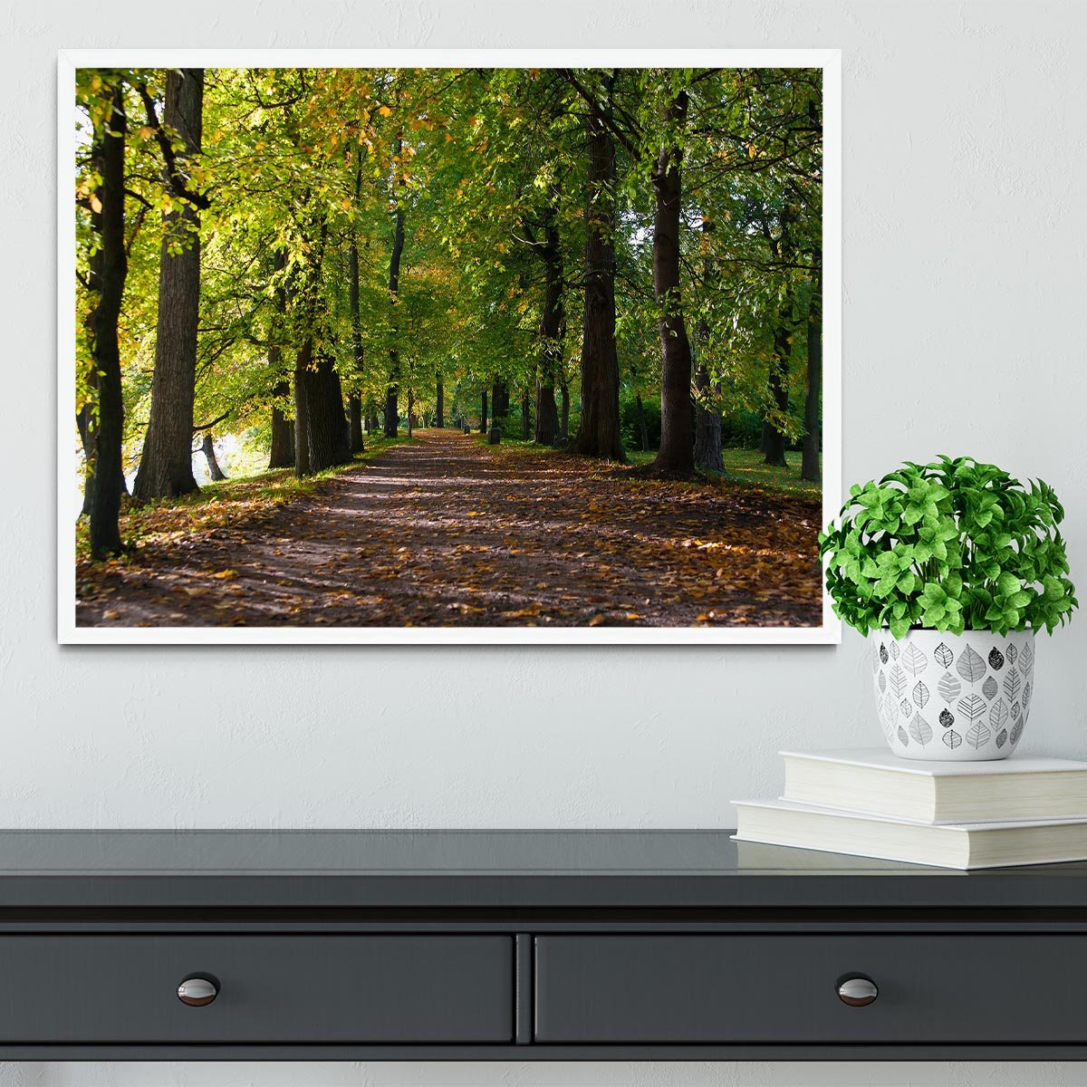 autumn road with leaves in park Framed Print - Canvas Art Rocks -6