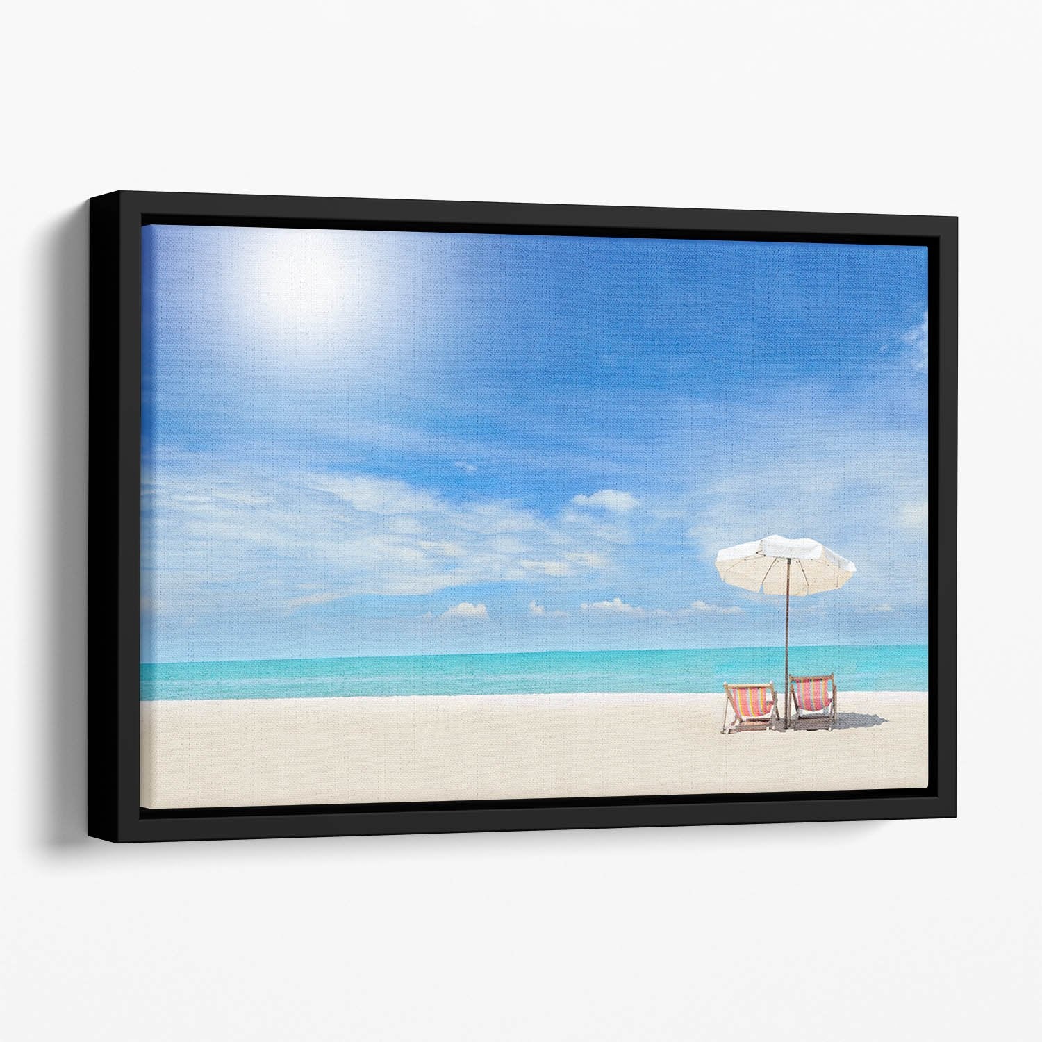 beach with cloudy blue sky Floating Framed Canvas