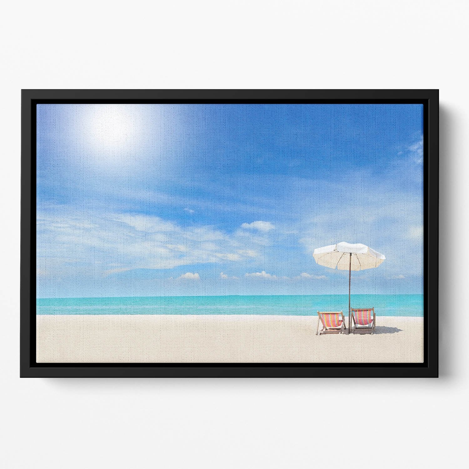 beach with cloudy blue sky Floating Framed Canvas