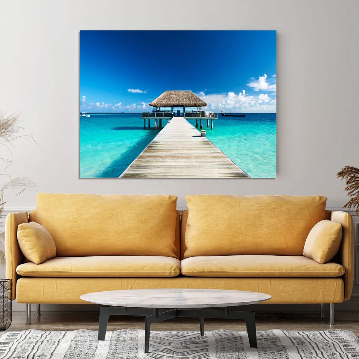 beach with jetty at Maldives Canvas Print or Poster