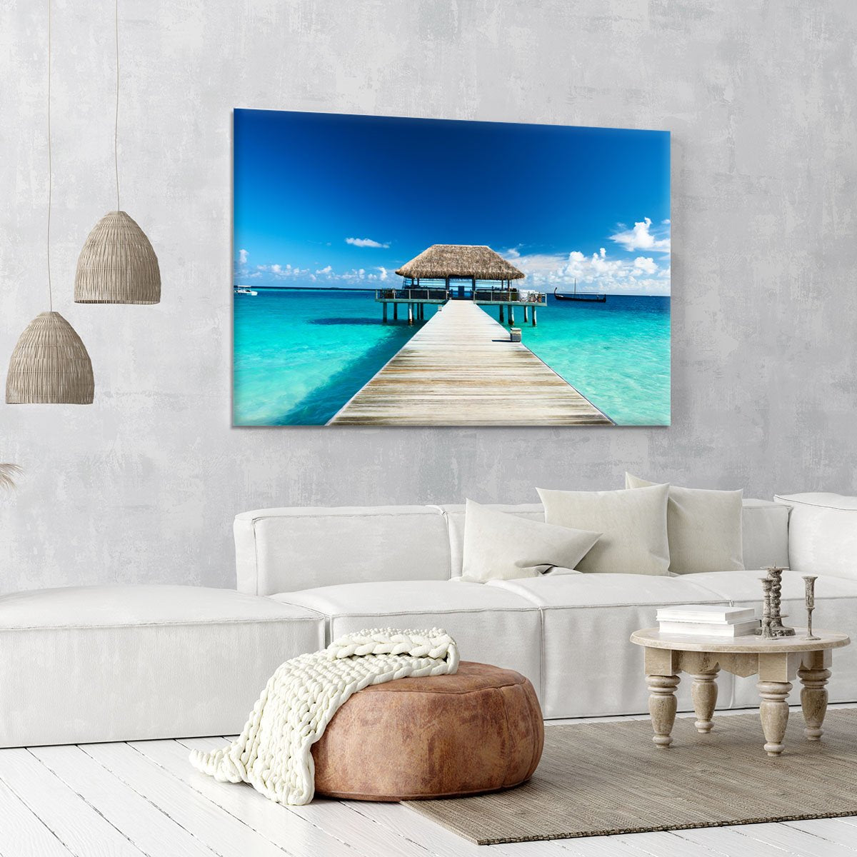 beach with jetty at Maldives Canvas Print or Poster