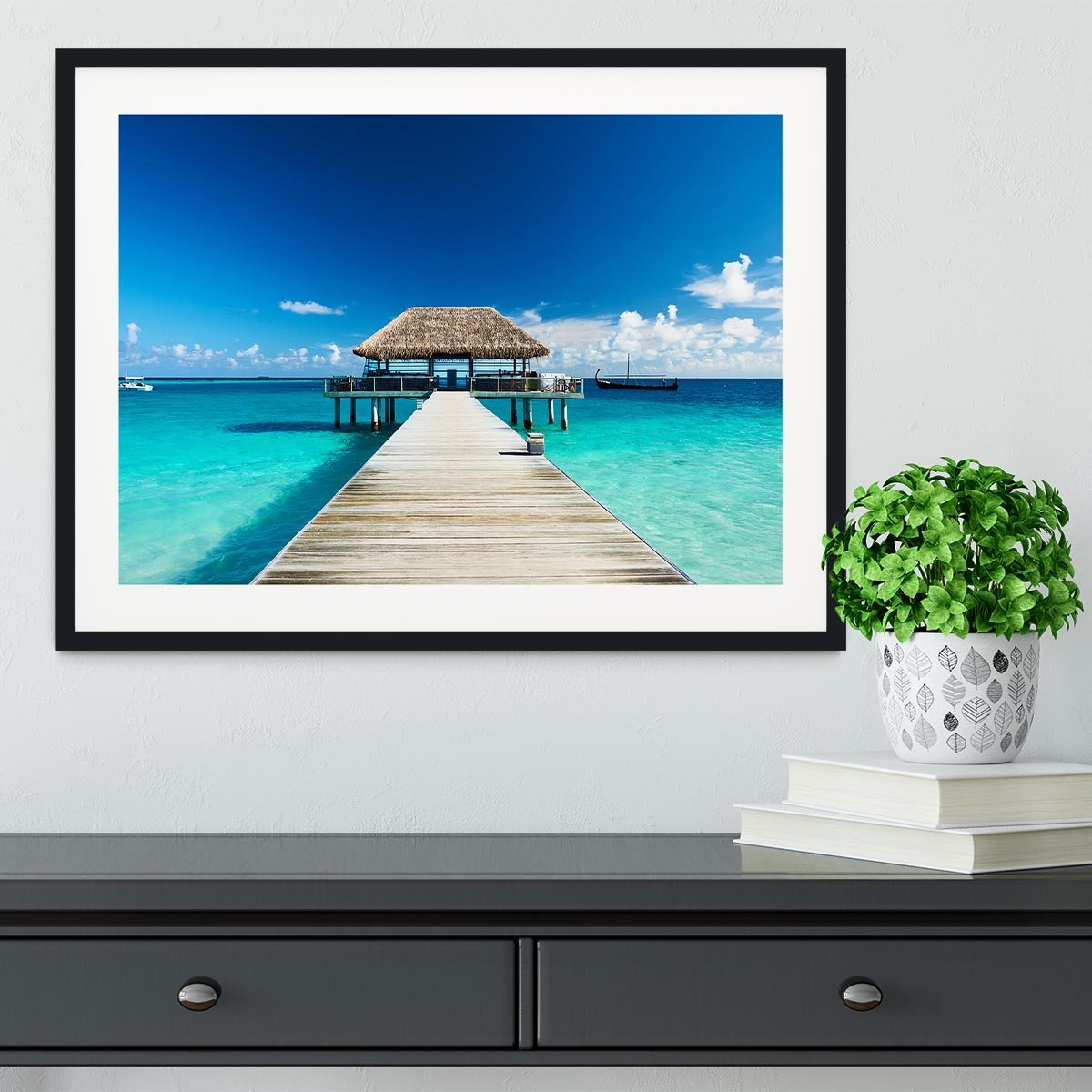 beach with jetty at Maldives Framed Print - Canvas Art Rocks - 1