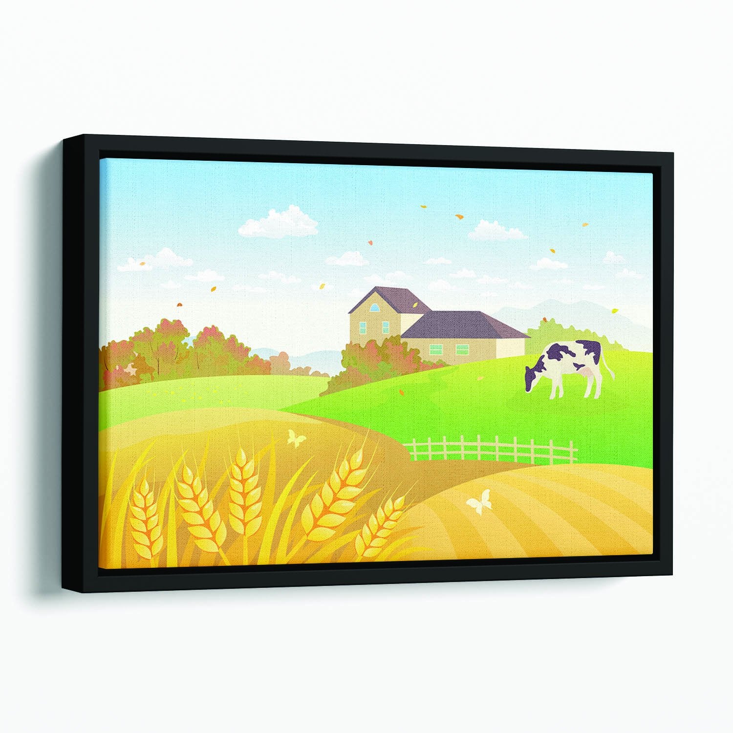 beautiful fall countryside scene with a grazing cow Floating Framed Canvas