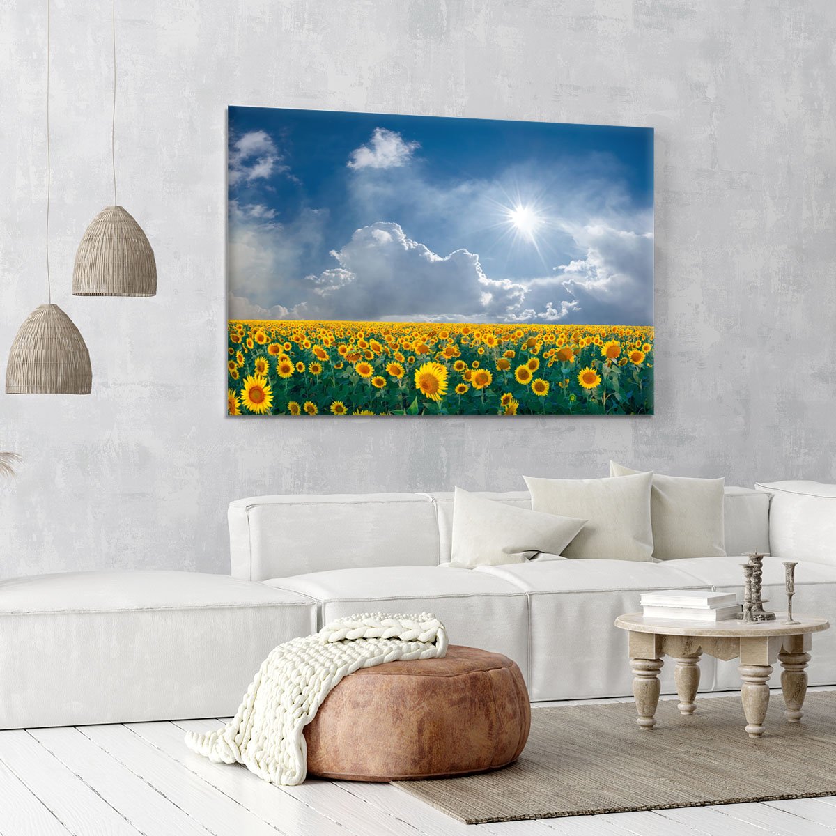 big sunflowers field and blue sky Canvas Print or Poster
