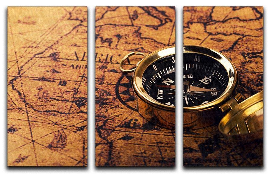 compass on vintage world map 3 Split Panel Canvas Print - Canvas Art Rocks - 1