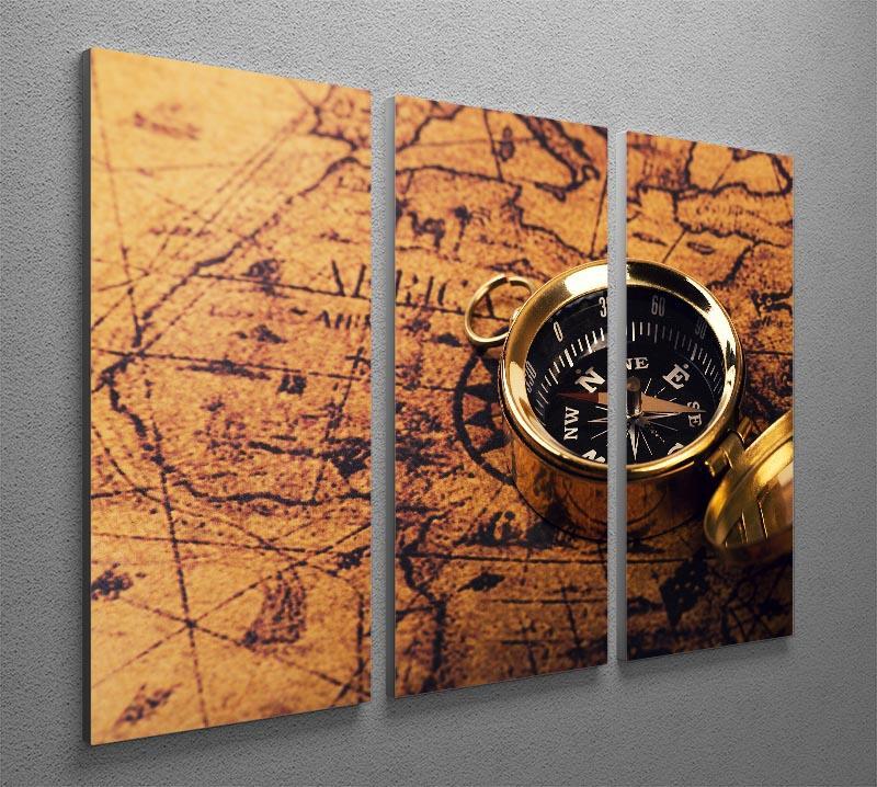 compass on vintage world map 3 Split Panel Canvas Print - Canvas Art Rocks - 2