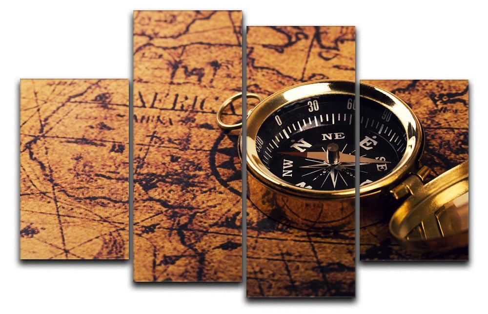 compass on vintage world map 4 Split Panel Canvas  - Canvas Art Rocks - 1