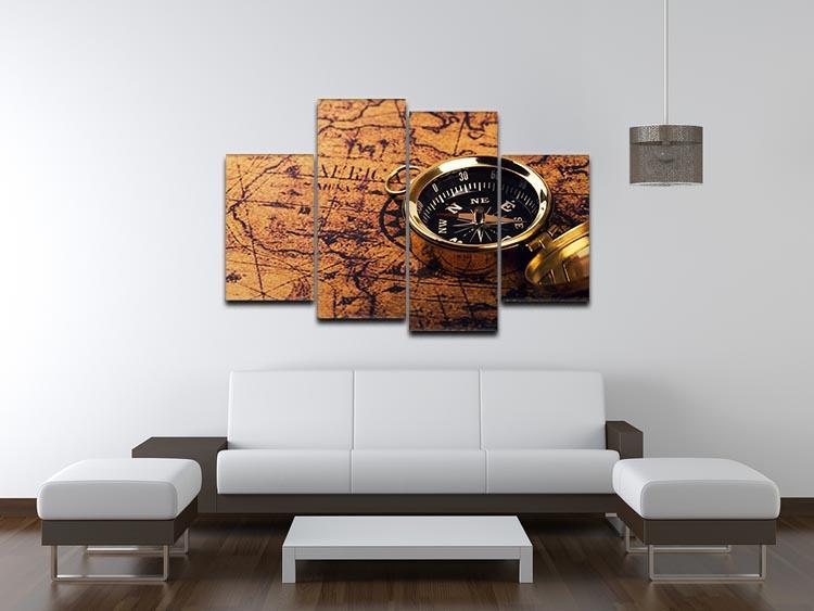 compass on vintage world map 4 Split Panel Canvas  - Canvas Art Rocks - 3