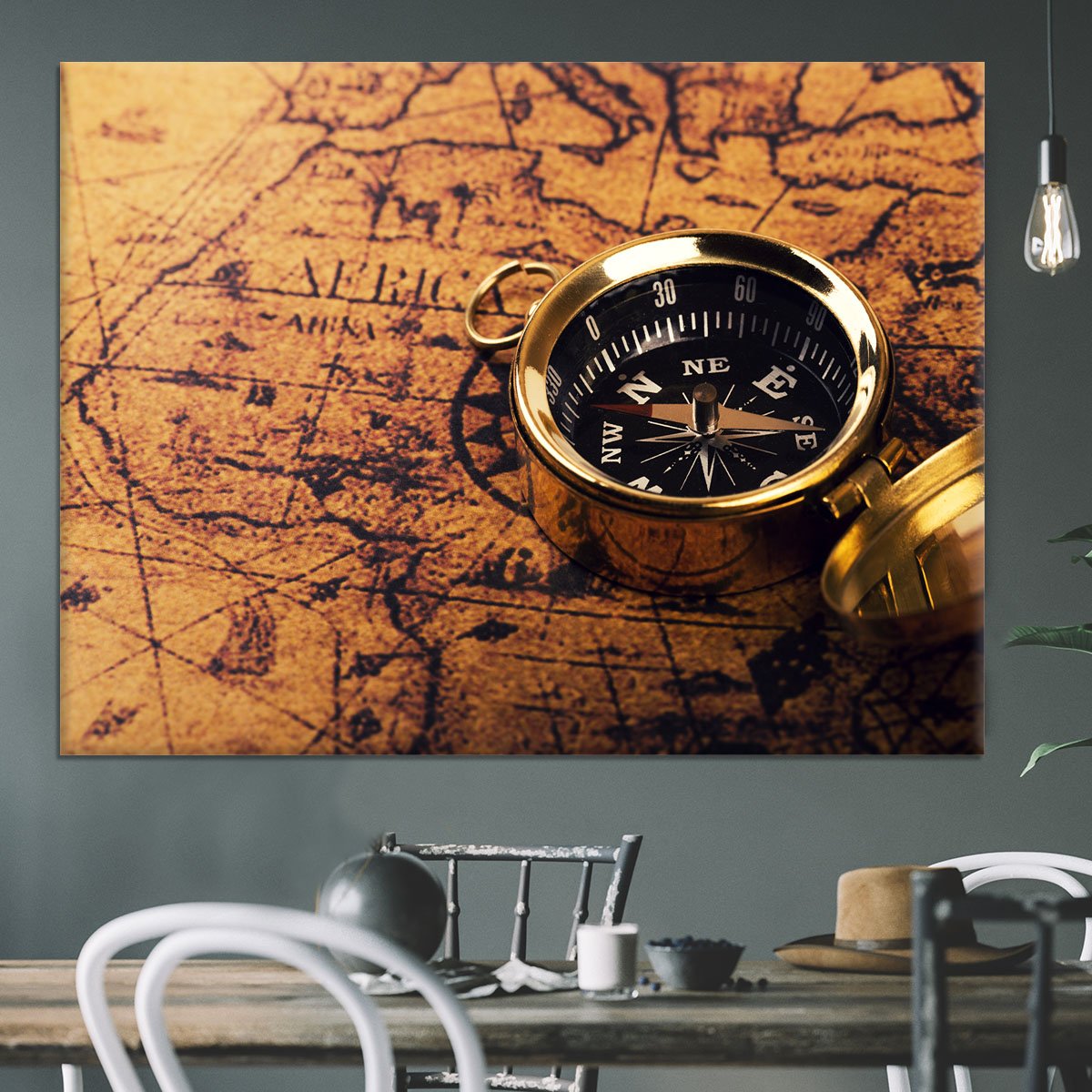 compass on vintage world map Canvas Print or Poster