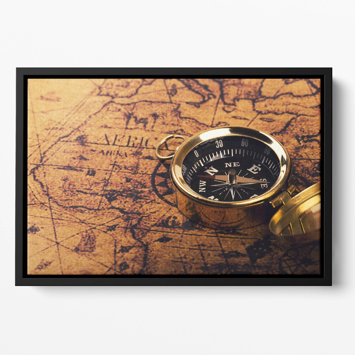 compass on vintage world map Floating Framed Canvas