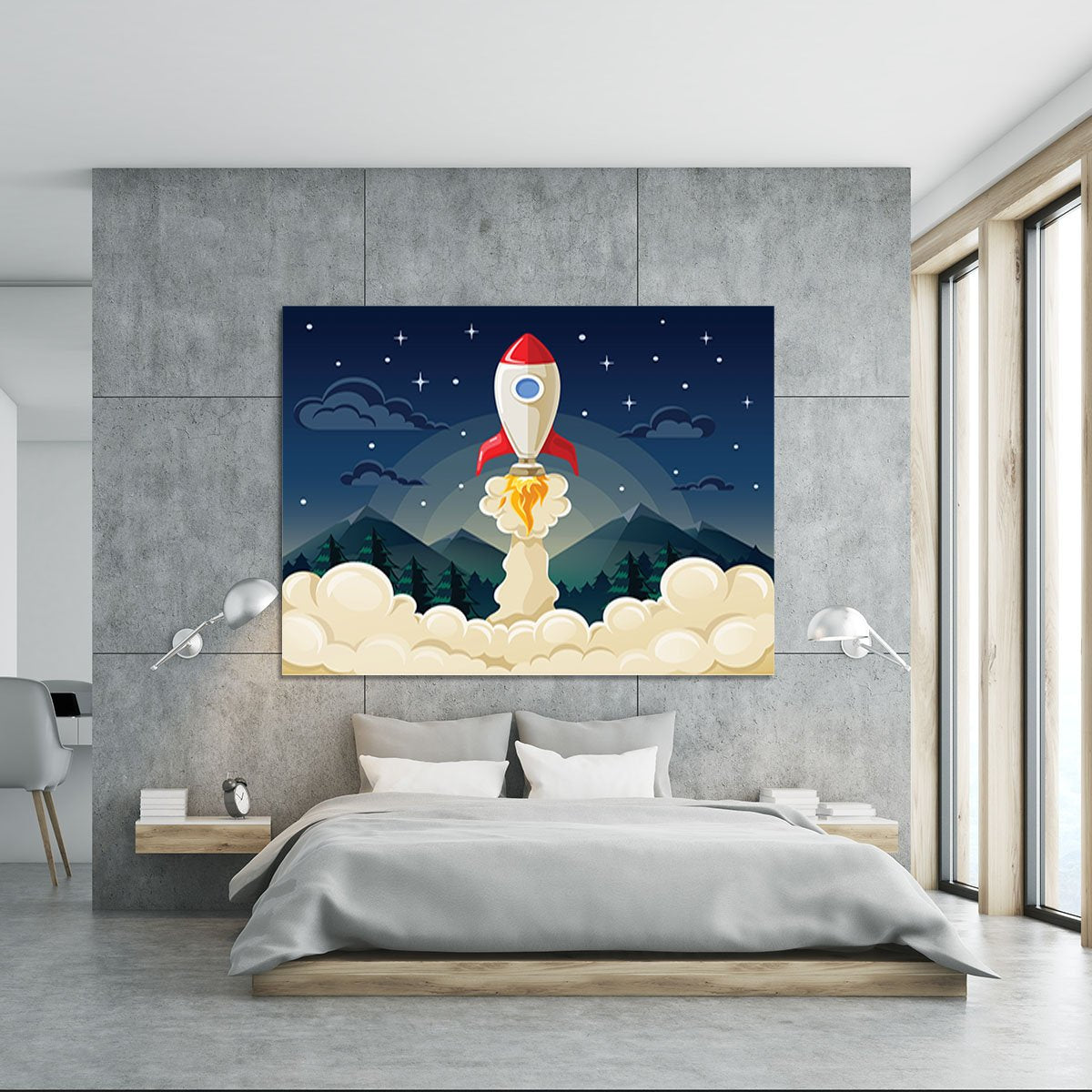 concept of space rocket ship startup on dark Canvas Print or Poster