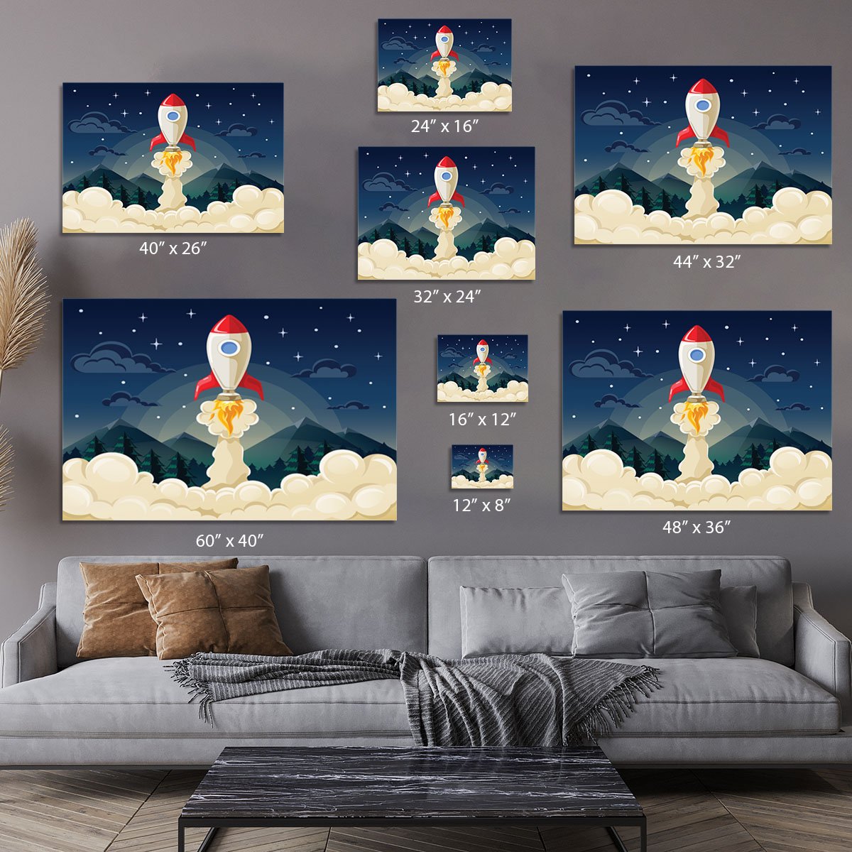 concept of space rocket ship startup on dark Canvas Print or Poster