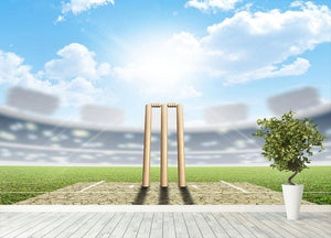 cricket pitch and set up wickets in the daytime Wall Mural Wallpaper - Canvas Art Rocks - 4