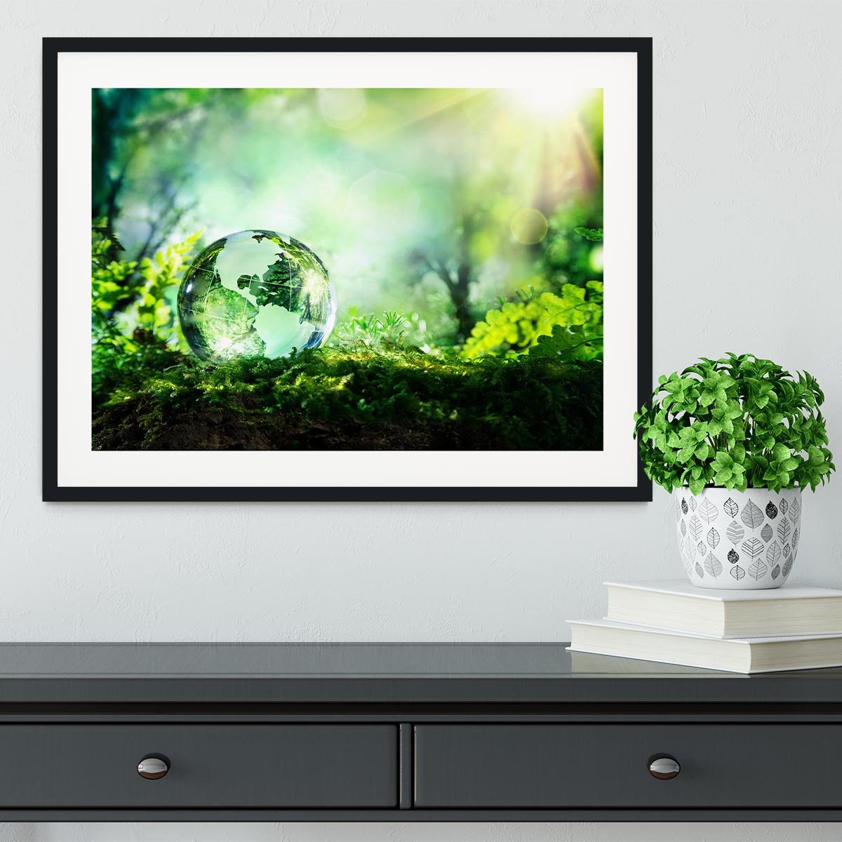 crystal globe on moss in a forest Framed Print - Canvas Art Rocks - 1