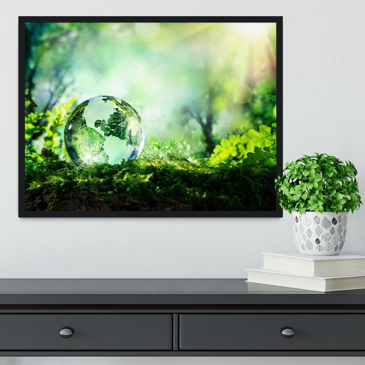 crystal globe on moss in a forest Framed Print - Canvas Art Rocks - 2