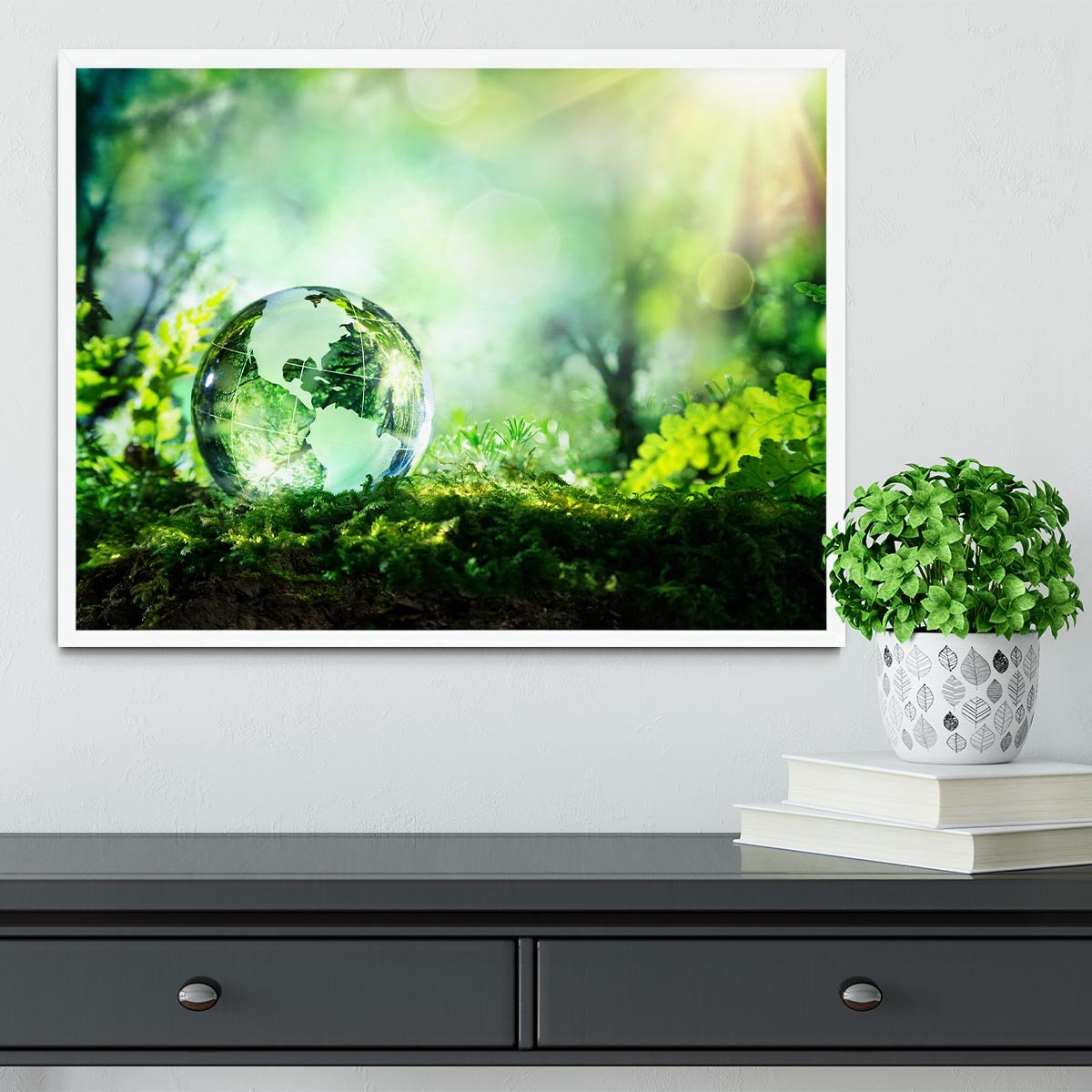 crystal globe on moss in a forest Framed Print - Canvas Art Rocks -6