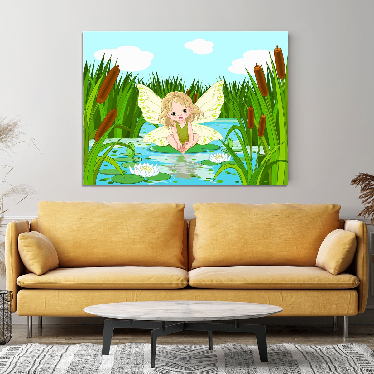 cute fairy sitting in leaf of lily Canvas Print or Poster