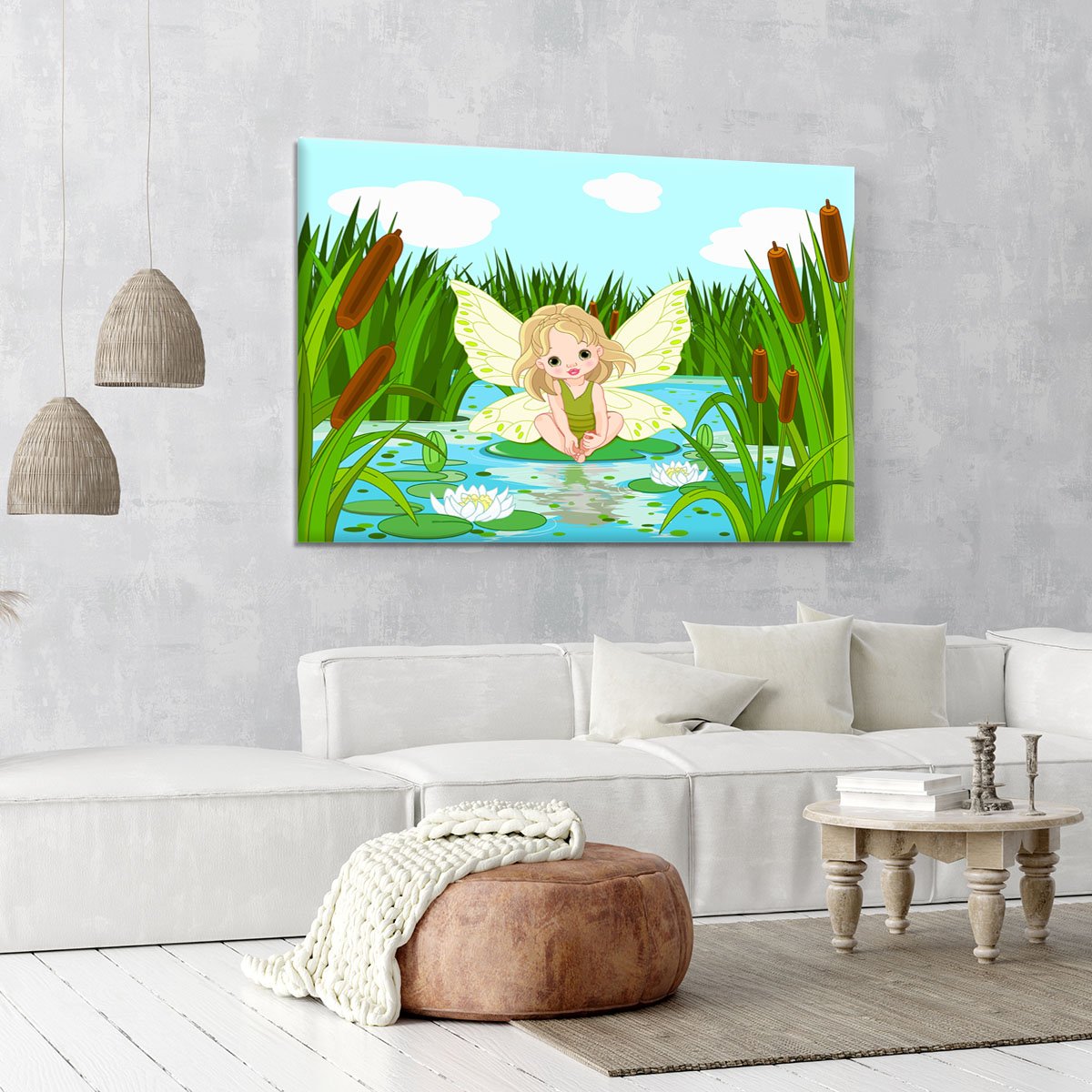 cute fairy sitting in leaf of lily Canvas Print or Poster