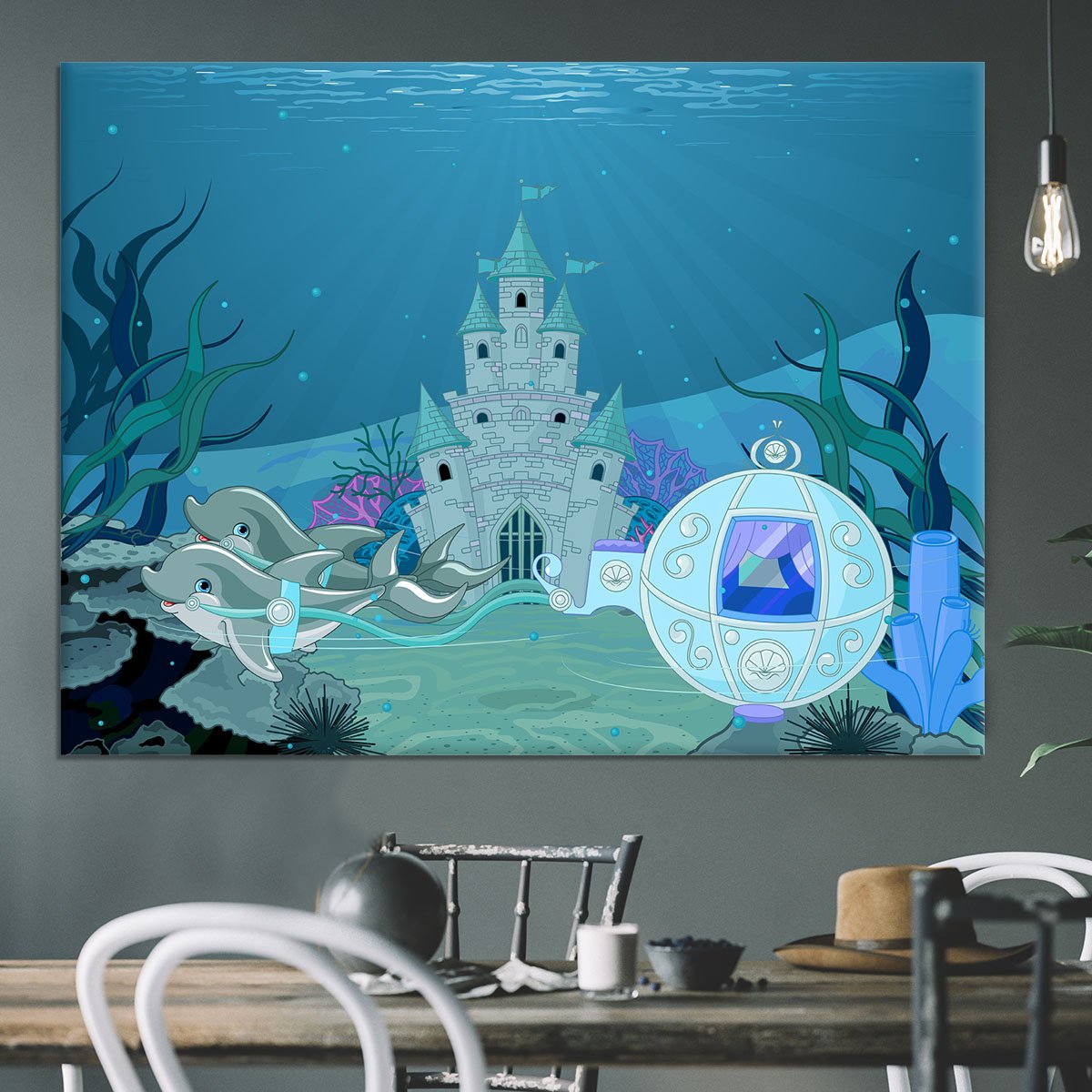 fairytale dolphin carriage on ocean Canvas Print or Poster