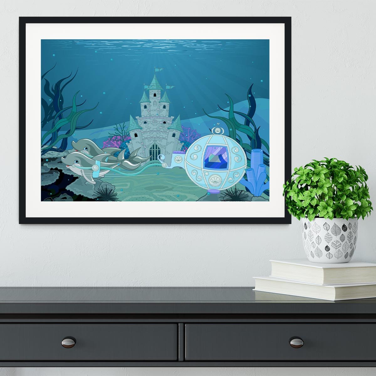 fairytale dolphin carriage on ocean Framed Print - Canvas Art Rocks - 1