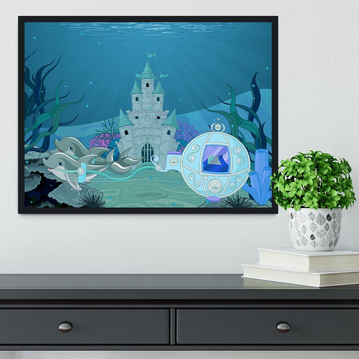 fairytale dolphin carriage on ocean Framed Print - Canvas Art Rocks - 2