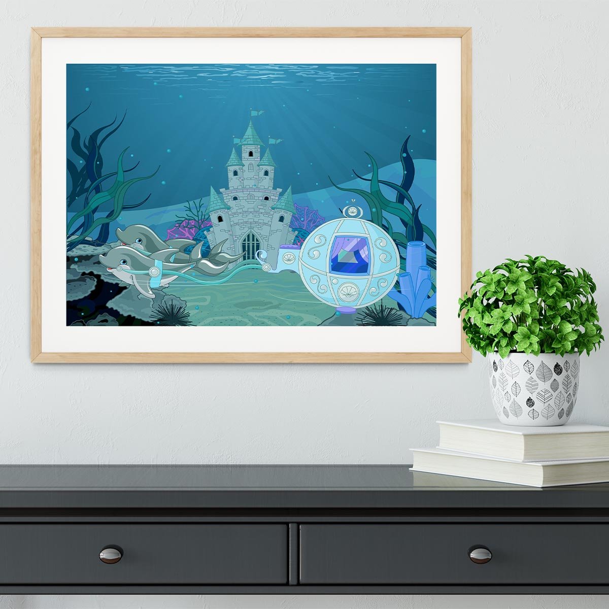 fairytale dolphin carriage on ocean Framed Print - Canvas Art Rocks - 3