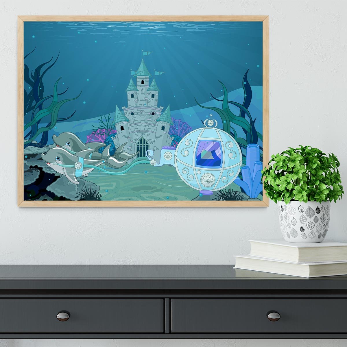 fairytale dolphin carriage on ocean Framed Print - Canvas Art Rocks - 4