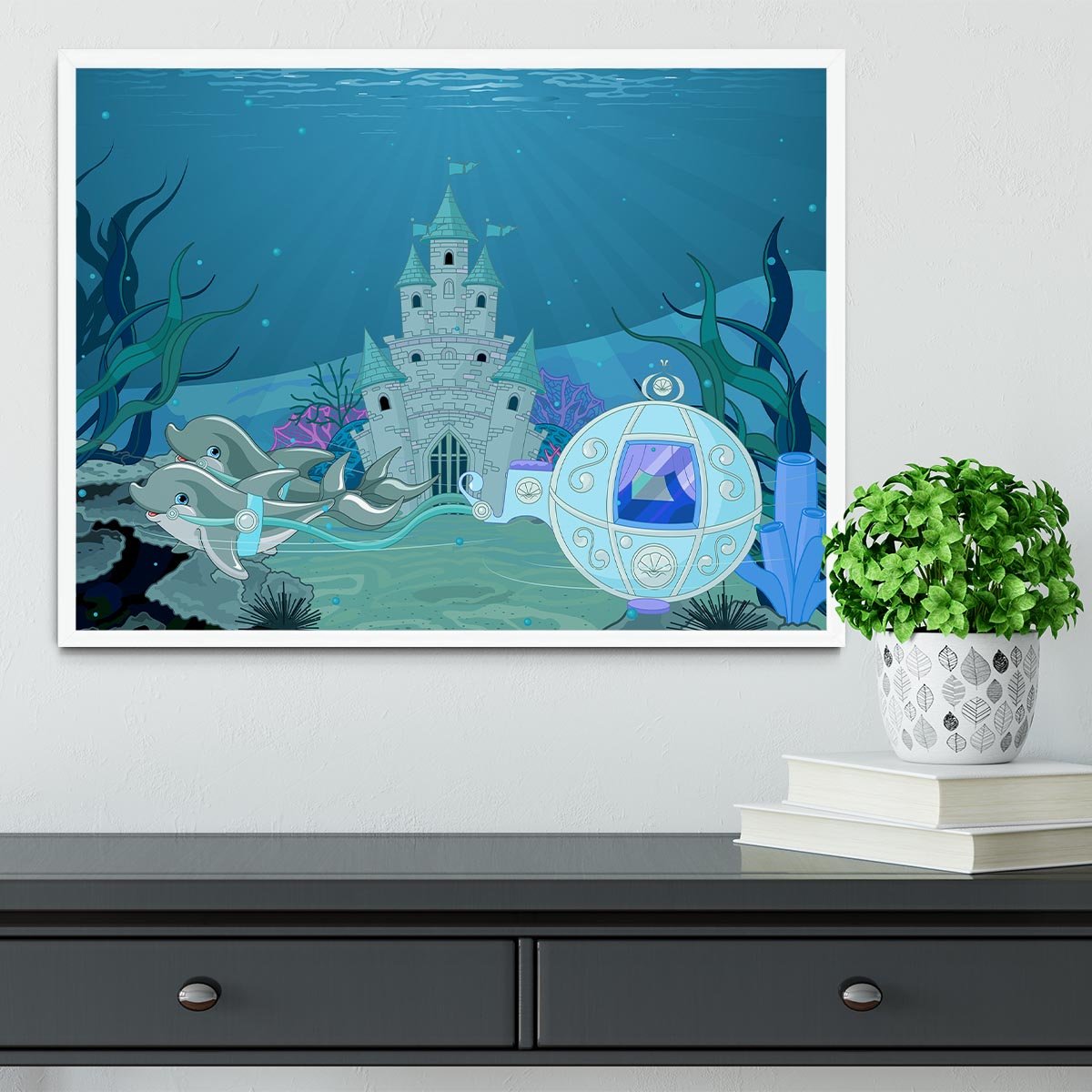 fairytale dolphin carriage on ocean Framed Print - Canvas Art Rocks -6