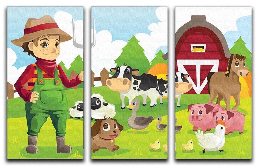 farmer at his farm with a bunch of farm animals 3 Split Panel Canvas Print - Canvas Art Rocks - 1