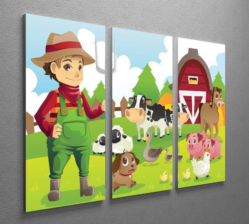 farmer at his farm with a bunch of farm animals 3 Split Panel Canvas Print - Canvas Art Rocks - 2