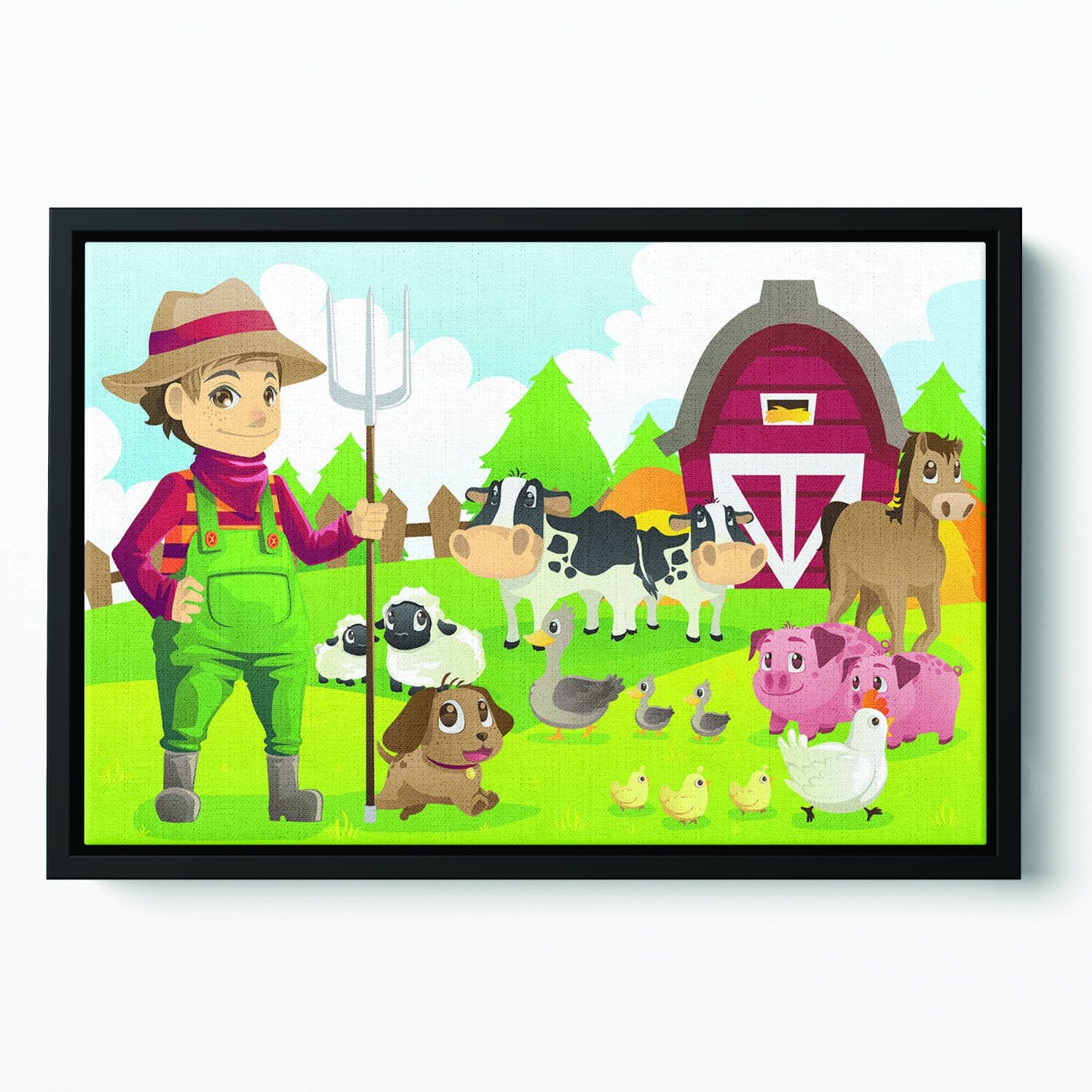 farmer at his farm with a bunch of farm animals Floating Framed Canvas
